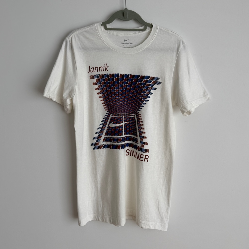 White Graphic Tee with Blue & Brown Optical Print